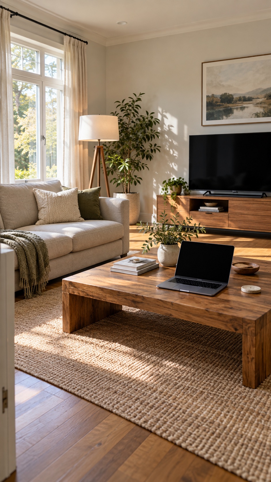 Camera view of a room with a sofa, floor lamp, television and laptop